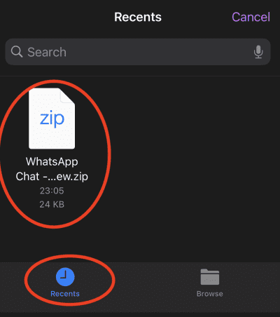 From the Recents tab, select the appropriate WhatsApp zip or txt file to upload.
